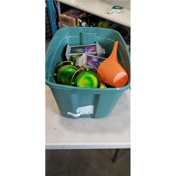 BOX OF LANTERNS, WATERING CAN BIRD FEEDERS AND MORE