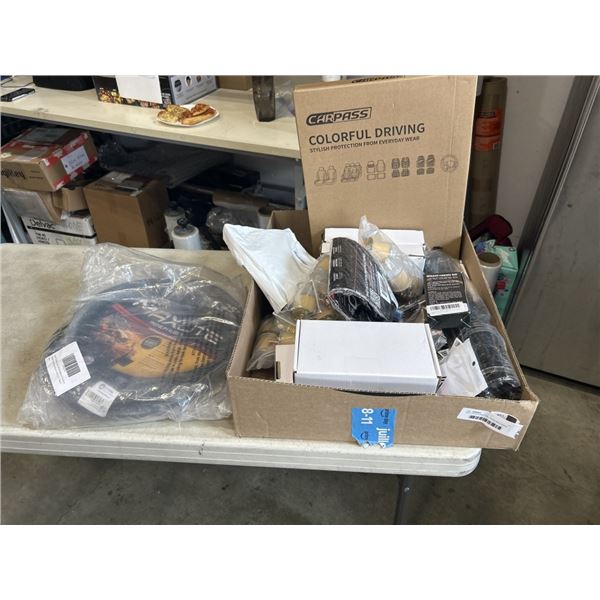 TRAY OF AUTOMOTIVE ITEMS INCLUDING MAXLITE PREMIUM RUBBER WATER HOSE, CARPASS COLORFUL DRIVING CAR S