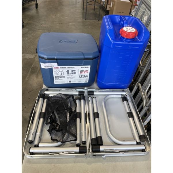 AS NEW COLEMAN COOLER, SMALL FOLDING TABLE AND WATER JUG