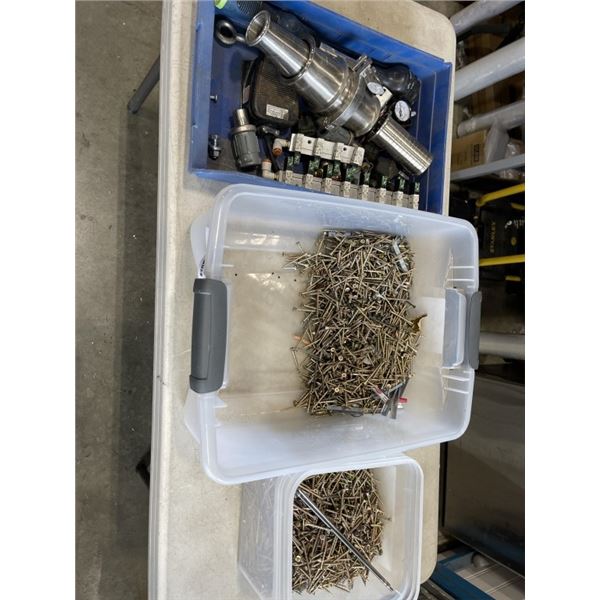 PLASTIC TOTE OF WOOD SCREWS AND PLASTIC TRAY OF ELECTRICAL PARTS