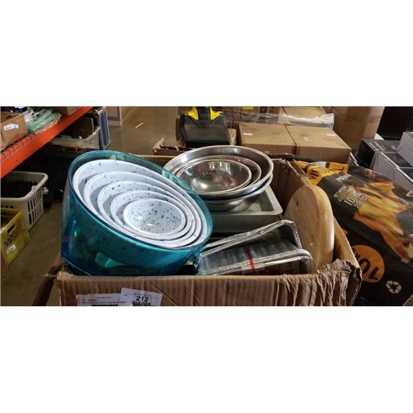 BOX THE KITCHEN SUPPLY ITEMS MIXING BOWLS CUTTING BOARD BAKING TRAYS AND MORE