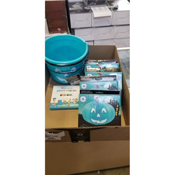 5 15" INFLATABLE TEAL PUMPKINS AND 2 TEAL TRICK OR TREAT BUCKETS AND PACK OF TINY GEEKS JUMBO CRAYON