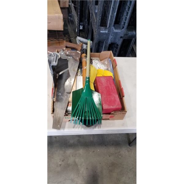 TRAY OF ASSORTED FIRST AID, ROADSIDE FLARES,  GARDEN TOOLS AND MITRE SAW