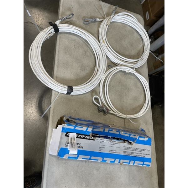 3 LONG SAFETY CABLES AND CERTIFIED SCISSOR JACK. MISSING HANDLE