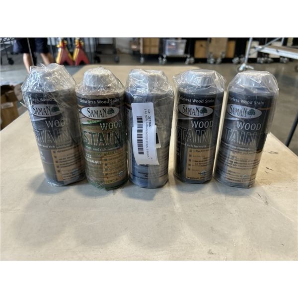 5 AS NEW SAMAN WOOD STAIN. 3 BLACK, 1 ANTIQUE WALNUT AND 1 AZURE