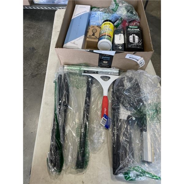 TRAY OF ITEMS INCLUDING OKKOBI CARPET RACK, BETTER BOAT CLEANING WIPES, ADAMSON 36-STAGE SHOWER FILT