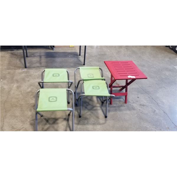 4 FOLDING CAMP STOOLS AND FOLDING PLASTIC TABLE