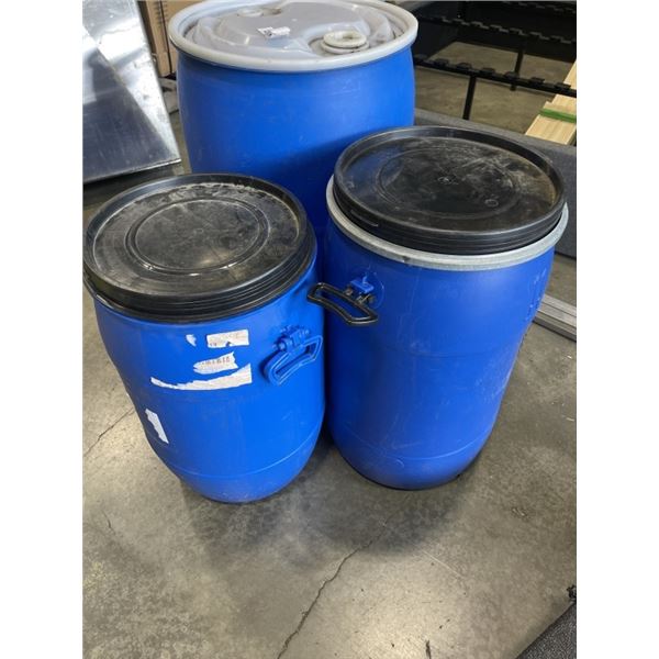 3 PLASTIC BARRELS WITH LIDS