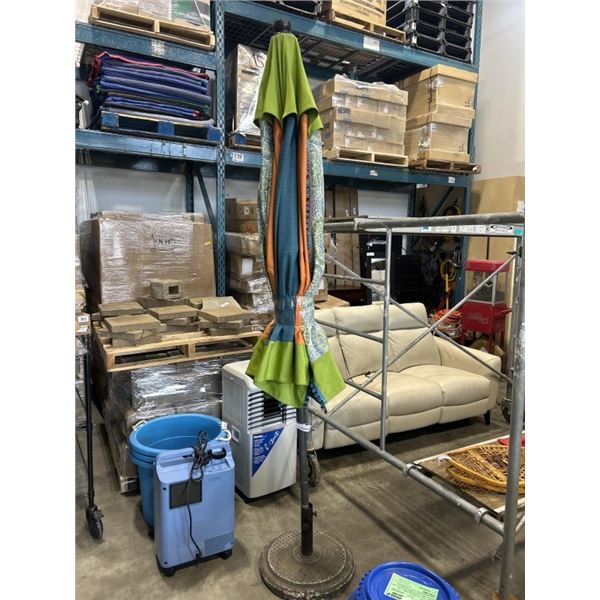 APPROX 8 FOOT PATIO UMBRELLA WITH CONCRETE STAND