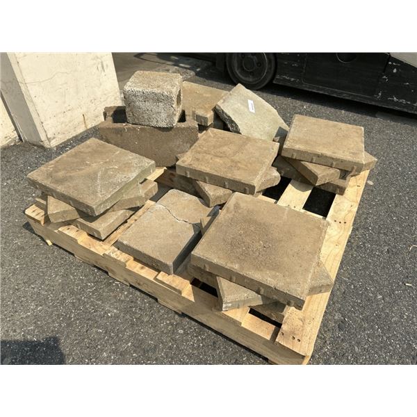 ASSORTED 12 X 12 PAVER STONES, AND 2 BLOCKS, SOME PAVERS ARE CRACKED IN HALF, APPROX 12 GOOD STONES
