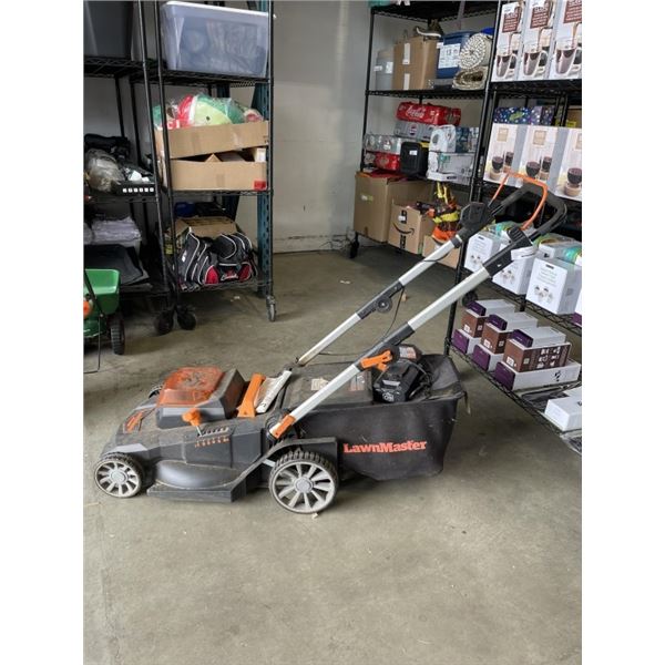 LAWNMASTER 40 VOLT BATTERY POWERED LAWN MOWER WORKING WITH CHARGER AND CATCHER