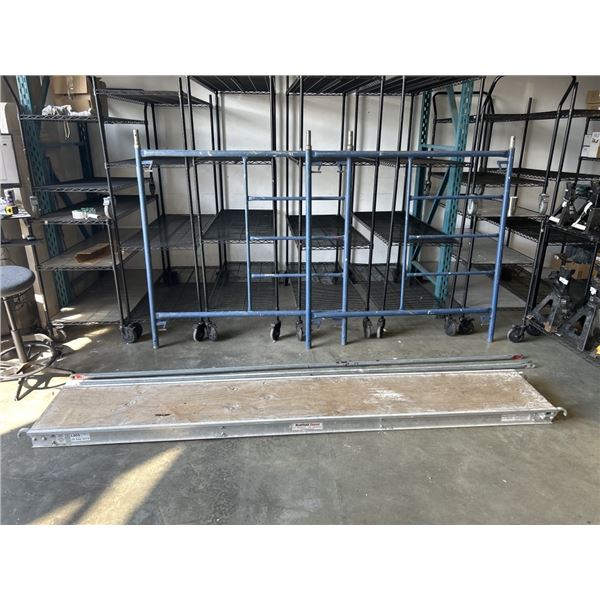 SINGLE SECTION OF SCAFFOLDING. INCLUDES 1 PLANK, NO WHEELS. 65" HEIGHT, 123" LENGTH, 61 " WIDTH.