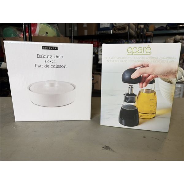 BRAND NEW EPICURE CERAMIC 2L BAKING DISH W/ LID AND OIL AND VINEGAR SET