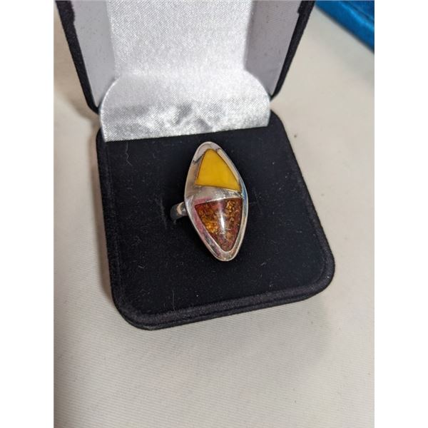 925 STERLING SILVER W/ INLAID GENUINE HONEY AND BUTTERSCOTCH AMBER STONES RING