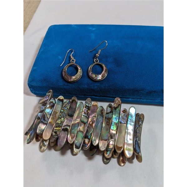 PAIR OF MEXICAN SILVER ABELONE EARRINGS AND BRACELET
