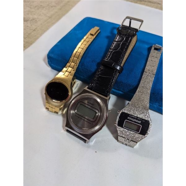 3 VINTAGE WATCHES, LED, TEXAS INSTRUMENTS, PRESTINOX LCD DIGITAL WATCHES, BATTERIES REQUIRED