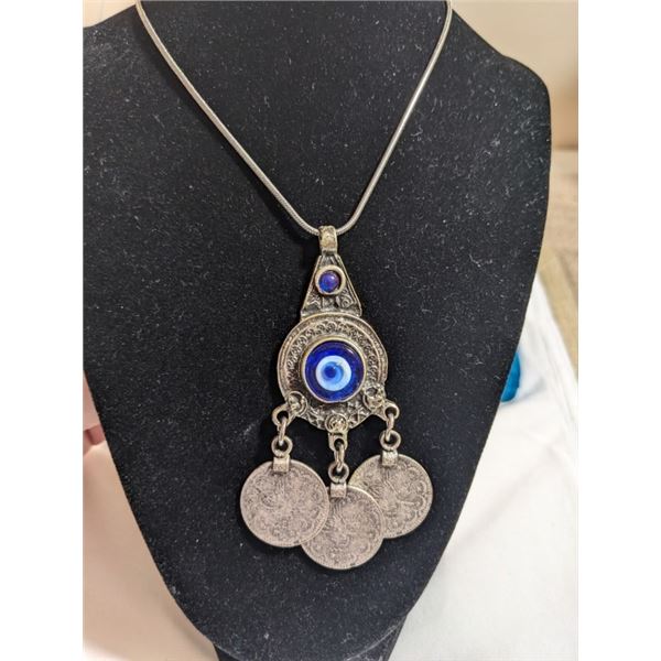 VINTAGE SILVER COINS AND DEVIL EYE STONE NECKLACE