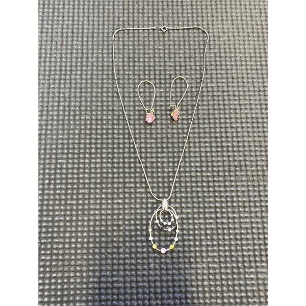 PINK HEART DANGLE EARRINGS AND 925 CHAIN W/ PENDANT