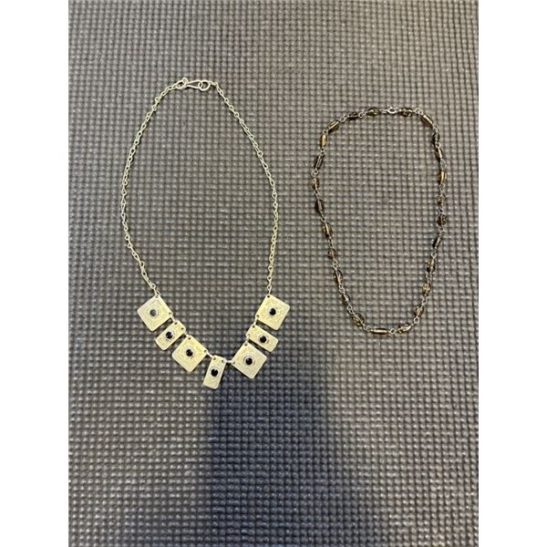 SILVER TONE W/ BLACK STONES NECKLACE AND 925 SMOKEY QUARTZ CHOKER NECKLACE