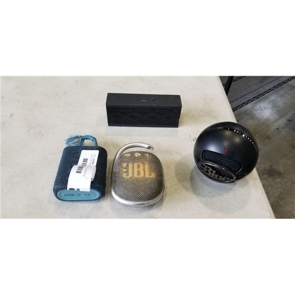 2 JBL PORTABLE SPEAKERS, 1 JAWBONE JAMBOX AND 1 BLUE SNOWBALL ICE SPEAKER