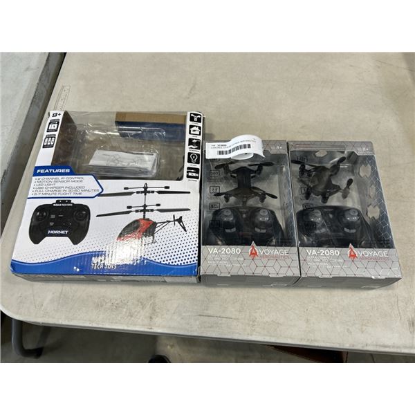 3 DRONES. 2 FROM VOYAGE AERONAUTICS, 1 FROM WORLD TECH TOYS