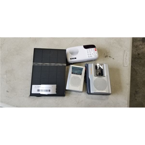 SONY CASETTE-CORDER TCM-150 AND 2 POCKET RADIOS, AND SOLAR CHARGING PANEL