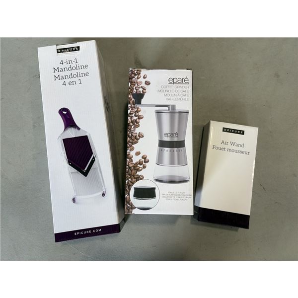 NEW EPARE COFFEE GRINDER W/ BEAN STORAGE , EPICURE AIR WAND, AND 4-IN-1 MANDOLINE