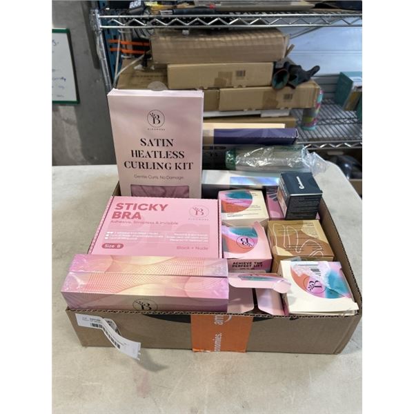 TRAY OF BEAUTY PRODUCTS INCLUDING BLOOMORA SATIN HEATLESS CURLING KIT, BLOOMORA DAYTIME UNDER EYE MA