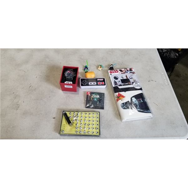 BOX OF STAR WARS COLLECTIBLES LEGEND OF ZELDA PINS AND NINTENDO POWER MINTS