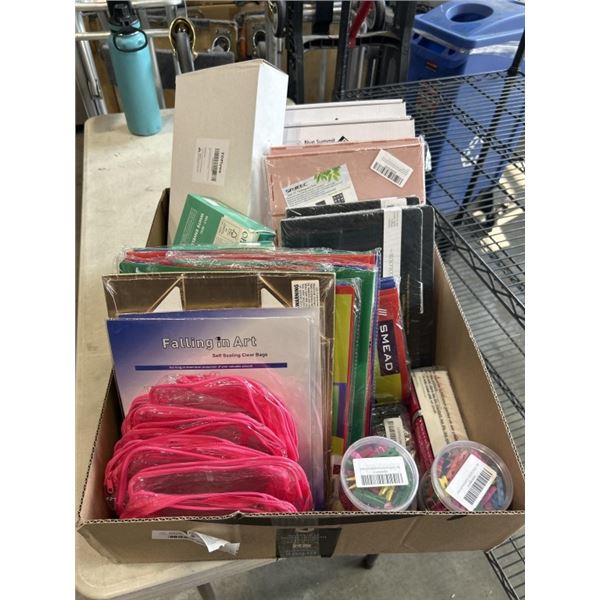 TRAY OF OFFICE SUPPLIES INCLUDING 2 PACKS BLUE SUMMIT SUPPLIES HANGING FILE FOLDERS, 2 NEW SAYEEC DE