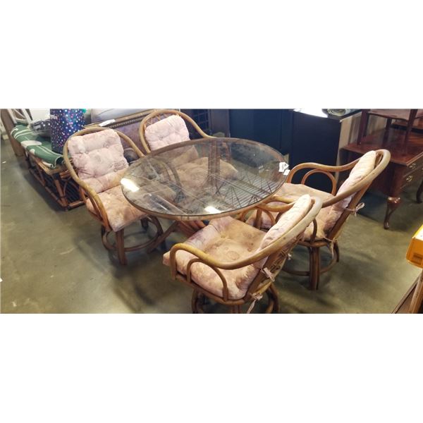 6 PIECE PATIO SET INCLUDING TABLE WITH GLASS TOP, 4 RATTAN CHAIRS AND A RATTAN BENCH