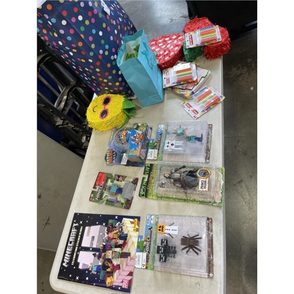 ASSORTED KIDS TOYS AND COLLECTIBLES AND BAG WITH PARTY SUPPLY AND SMALL PINATTA'S