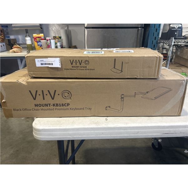 VIVO UNDER/ABOVE TV GLASS VESA SHELF AND VIVO BLACK OFFICE CHAIR MOUNTED PREMIUM KEYBOARD TRAY