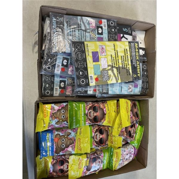 TRAY OF EMOJI ANITBACTERIAL WET WIPES AND TRAY OF M4SK ARMY PREMIUM FACEMASKS