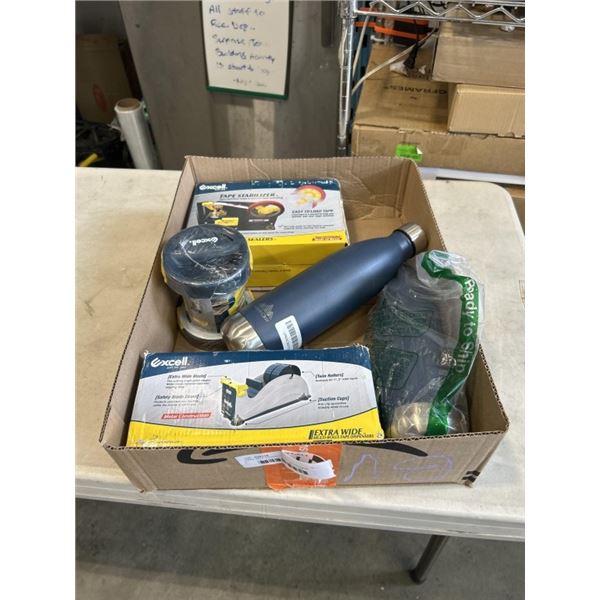 TRAY WITH 2 EXCELL TAPE STABILIZER, EXCELL HAND-SAVER FILM DISPENSER, AND 2 MONT-CLAIR WATER BOTTLES