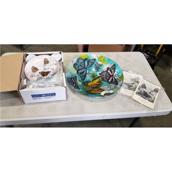 TWO LENA LIU BUTTERFLY MUSIC BOXES AND 4 COLLECTIBLE PLATES WITH COA AND LARGE BUTTERFLY CHARGER PLA