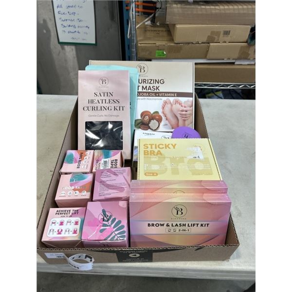 TRAY OF BEAUTY PRODUCTS INCLUDING BLOOMORA SATIN HEATLESS CURLING KIT, BLOOMORA TOTAL EYE CARE SET U