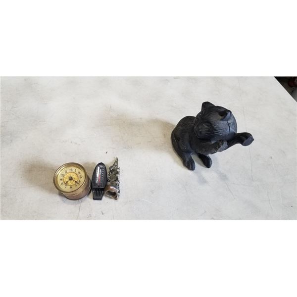 CAST IRON CAT WITH ENGLISH CLOCK AND SKULL ARTICULATING FINGER RING