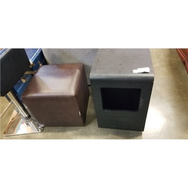 LEATHER OTTOMAN AND BLACK SIDE TABLE