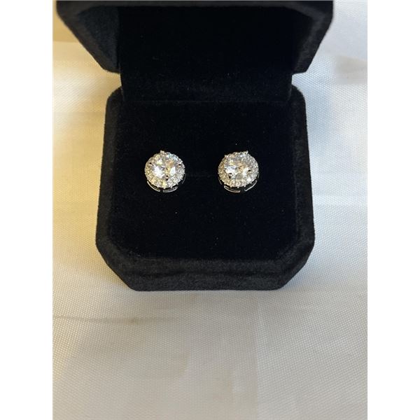 NEW S925 1.0CT EACH SIMULATED DIAMOND (CZ) HALO STUD EARRINGS, MOUNTED IN 925 STERLING SILVER W/ WHI
