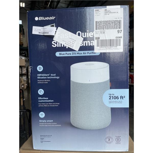 BLUEAIR BLUE PURE 311i MAX HEPA SILENT AIR PURIFIER, 2107 SQ FT - TESTED WORKING, RETAIL $319