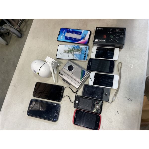 TRAY OF ELECTRONICS INCLUDING CELL PHONES, CAMERAS, SECURITY CAMERA ETC
