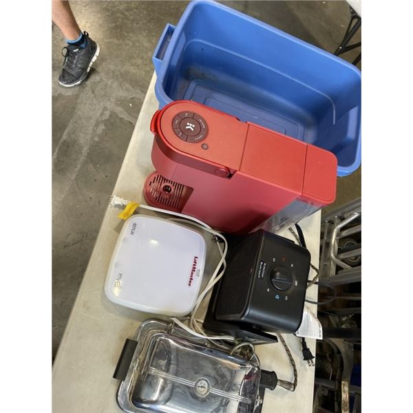 PLASTIC TOTE WITH APPLIANCES INCLUDING KEURIG COFFEE MAKER, CHROME ELECTRIC WAFFLE IRON, TABLE FAN, 
