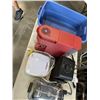 Image 1 : PLASTIC TOTE WITH APPLIANCES INCLUDING KEURIG COFFEE MAKER, CHROME ELECTRIC WAFFLE IRON, TABLE FAN, 