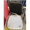 Image 3 : PLASTIC TOTE WITH APPLIANCES INCLUDING KEURIG COFFEE MAKER, CHROME ELECTRIC WAFFLE IRON, TABLE FAN, 