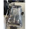 Image 4 : PLASTIC TOTE WITH APPLIANCES INCLUDING KEURIG COFFEE MAKER, CHROME ELECTRIC WAFFLE IRON, TABLE FAN, 