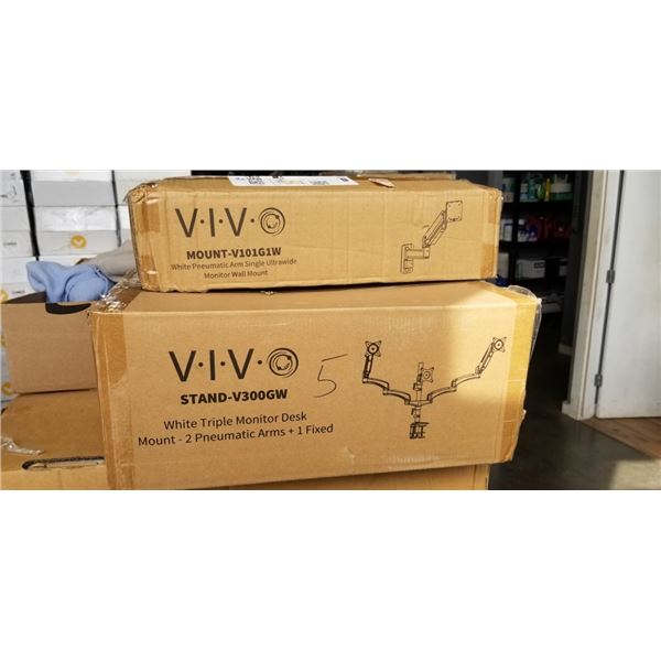 VIVO WHITE TRIPLE MONITOR DESK MOUNT - 2 PNEUMATIC ARMS + 1 FIXED AND VIVO WHITE PNEUMATIC ARM SINGL