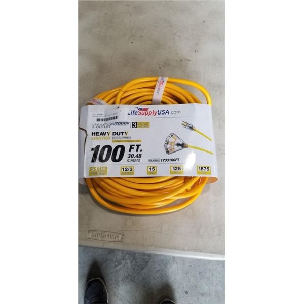 AS NEW 100FT HEAVY DUTY 3 OUTLET YELLOW EXTENSION CORD. 12AWG/3C