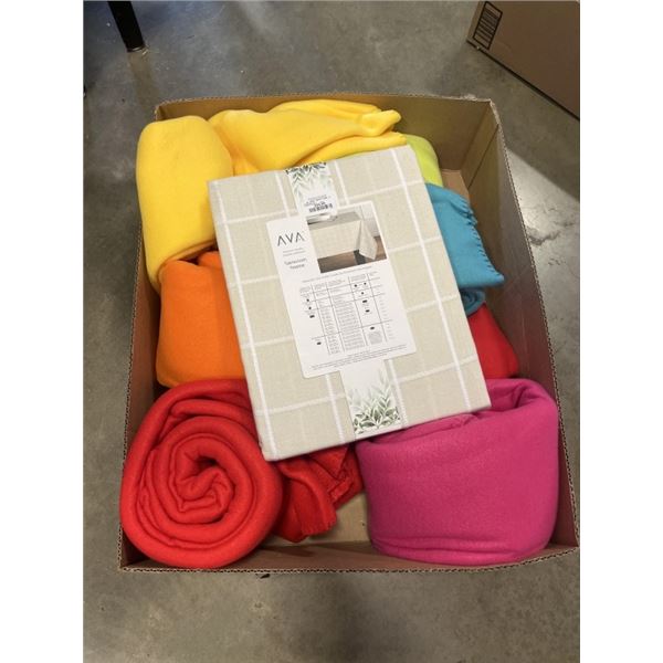 NEW TABLECLOTH AND ASSORTED FLEECE BLANKETS
