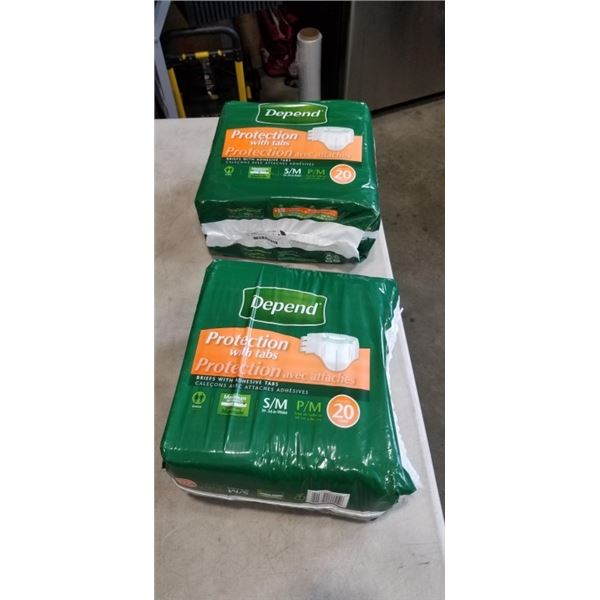 PAIR OF DEPENDS 20 PACK PROTECTION WITH TABS. S/M WASTE